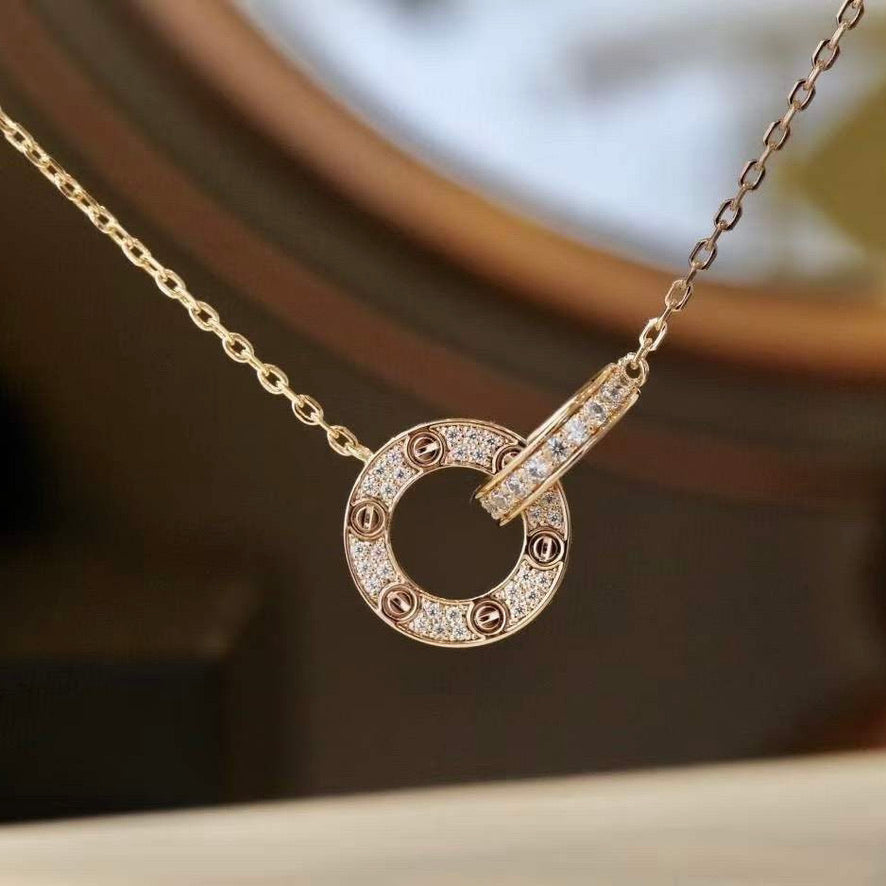 [Zalyn Jewelry ]LOVE 7.6MM NECKLACE ROSE GOLD AND SILVER  FULL DIAMOND