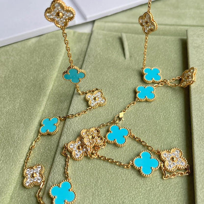 [Zalyn Jewelry ]CLOVER 20 MOTIFS TURQUOISE DIAMOND NECKLACE