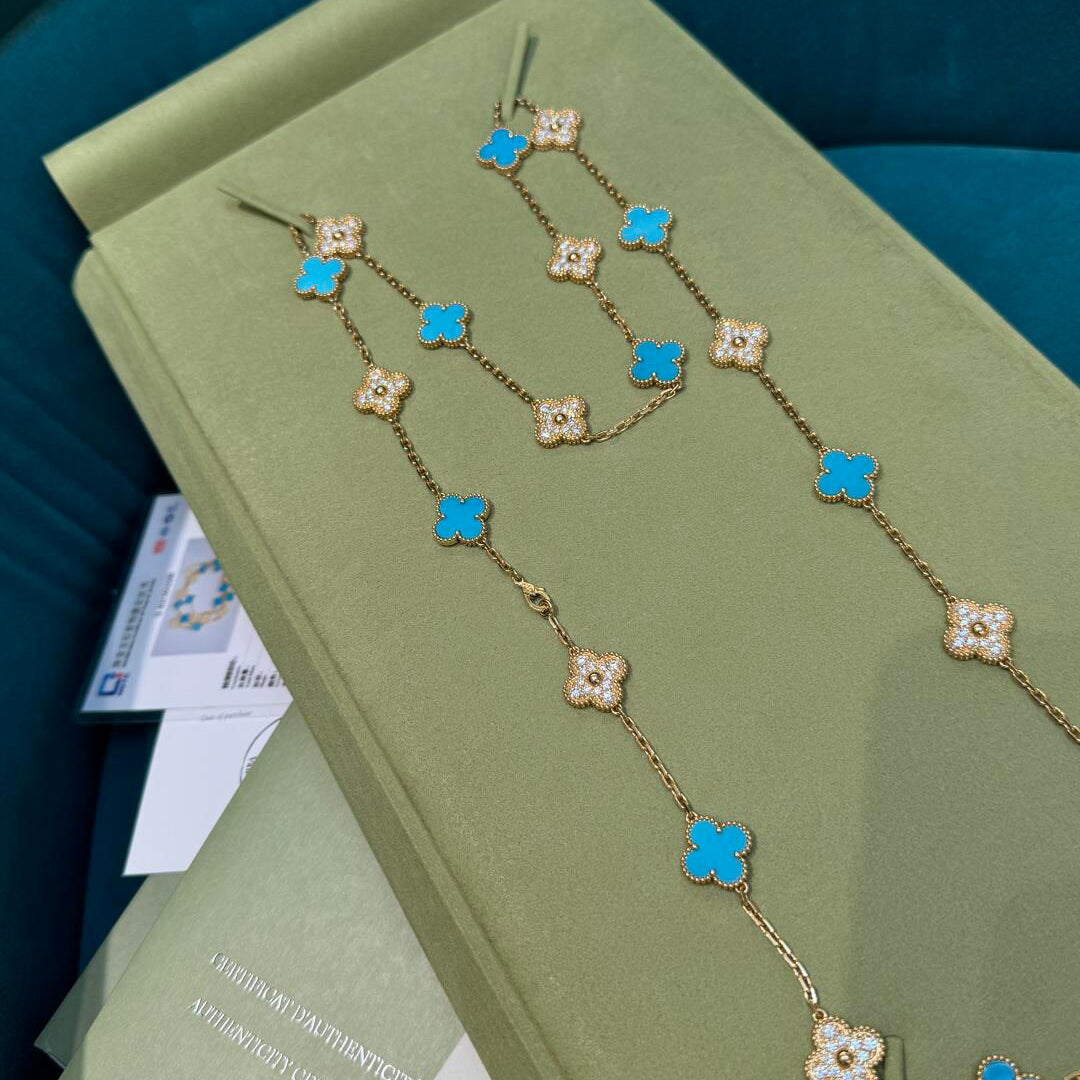 [Zalyn Jewelry ]CLOVER 20 MOTIFS TURQUOISE DIAMOND NECKLACE