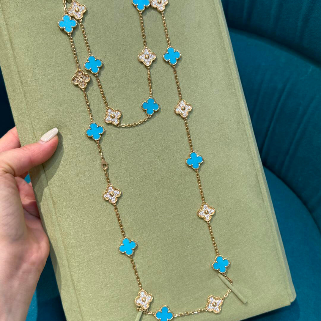 [Zalyn Jewelry ]CLOVER 20 MOTIFS TURQUOISE DIAMOND NECKLACE