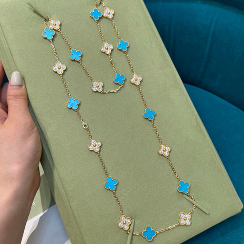 [Zalyn Jewelry ]CLOVER 20 MOTIFS TURQUOISE DIAMOND NECKLACE