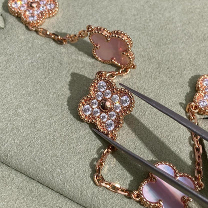 [Zalyn Jewelry ]CLOVER 10 MOTIFS DIAMOND PINK MOP NECKLACE