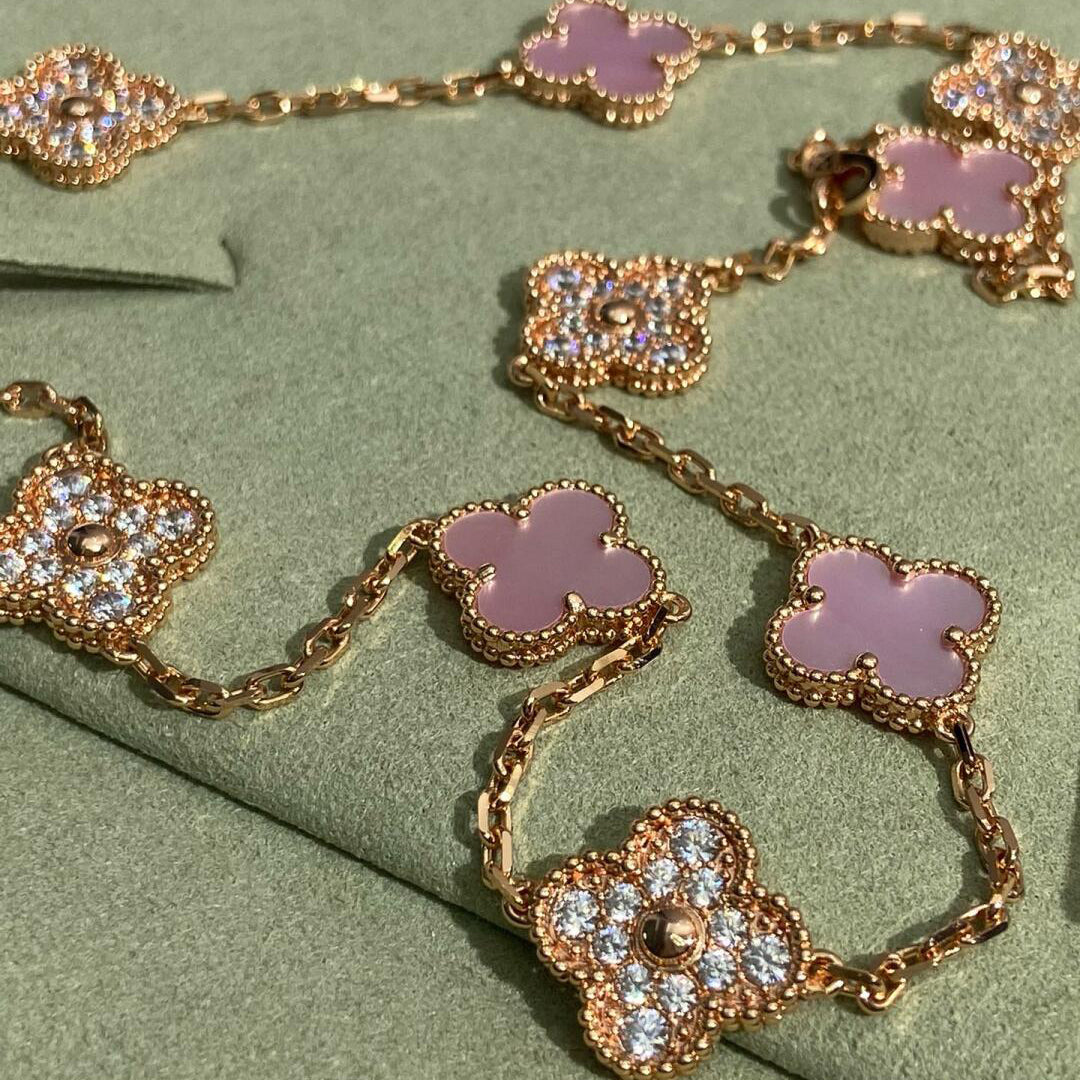 [Zalyn Jewelry ]CLOVER 10 MOTIFS DIAMOND PINK MOP NECKLACE