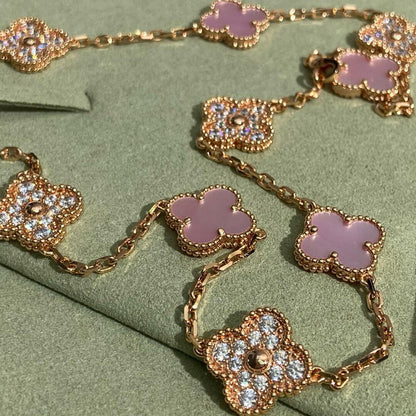 [Zalyn Jewelry ]CLOVER 10 MOTIFS DIAMOND PINK MOP NECKLACE