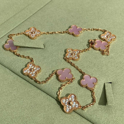 [Zalyn Jewelry ]CLOVER 10 MOTIFS DIAMOND PINK MOP NECKLACE