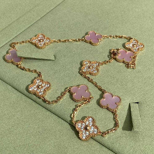 [Zalyn Jewelry ]CLOVER 10 MOTIFS DIAMOND PINK MOP NECKLACE