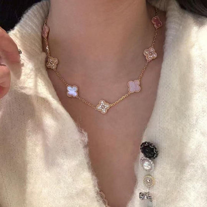 [Zalyn Jewelry ]CLOVER 10 MOTIFS DIAMOND PINK MOP NECKLACE