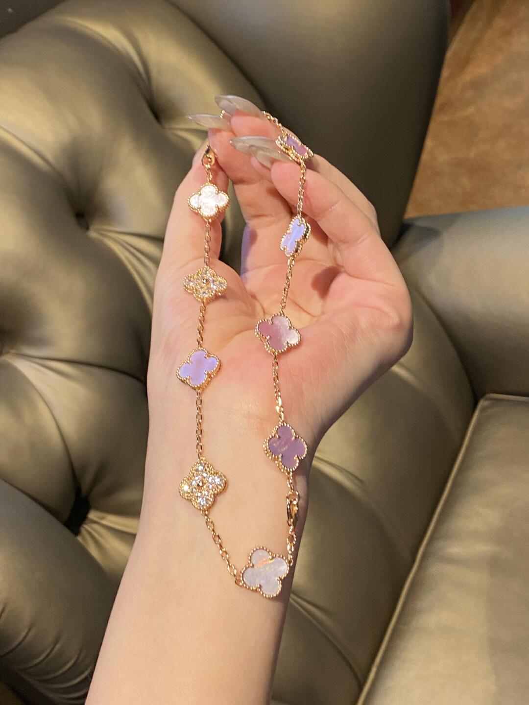 [Zalyn Jewelry ]CLOVER 10 MOTIFS DIAMOND PINK MOP NECKLACE