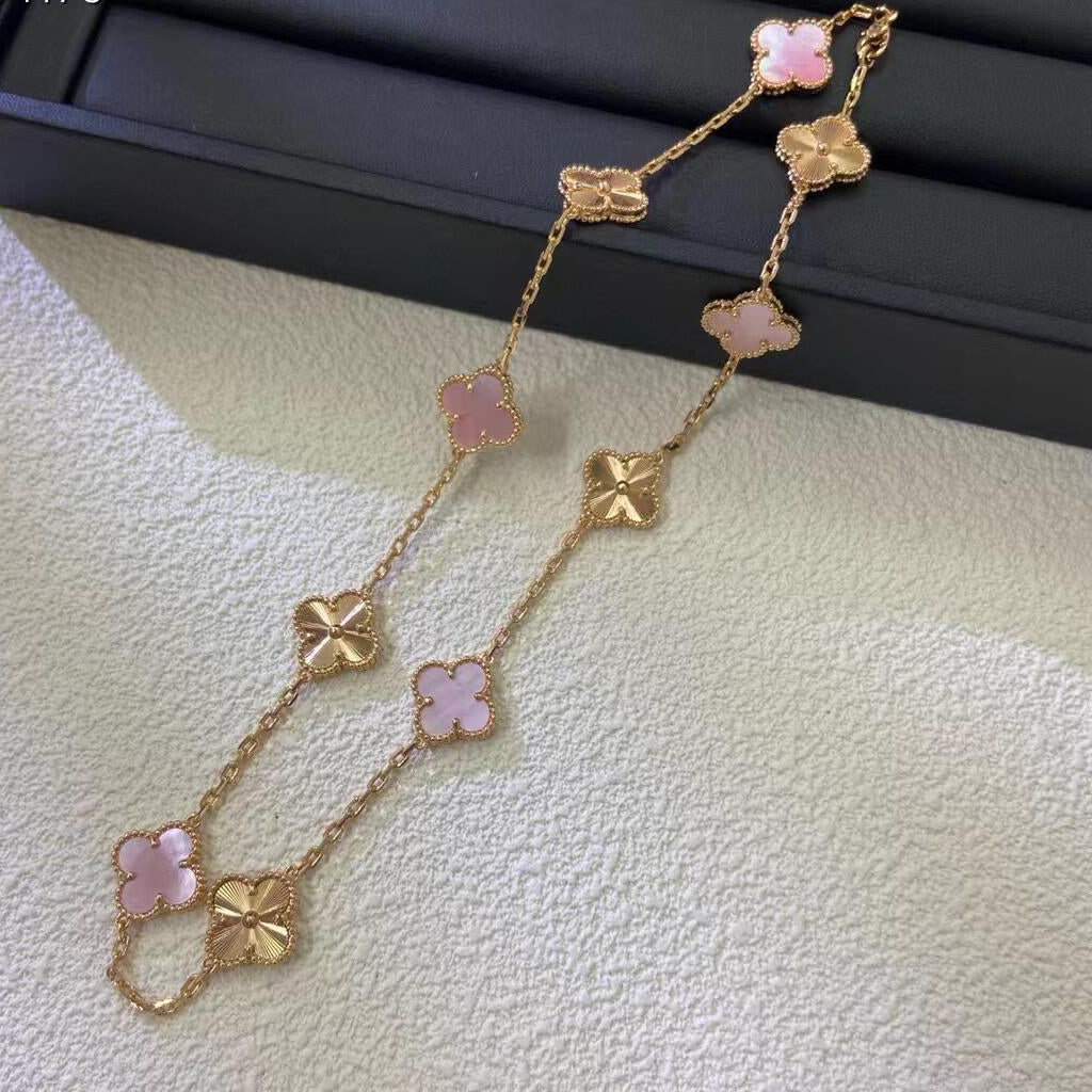 [Zalyn Jewelry ]CLOVER 10 MOTIFS  LASER PINK MOP NECKLACE