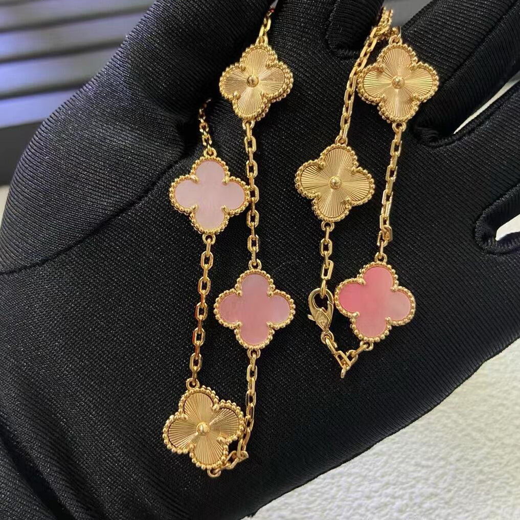 [Zalyn Jewelry ]CLOVER 10 MOTIFS  LASER PINK MOP NECKLACE