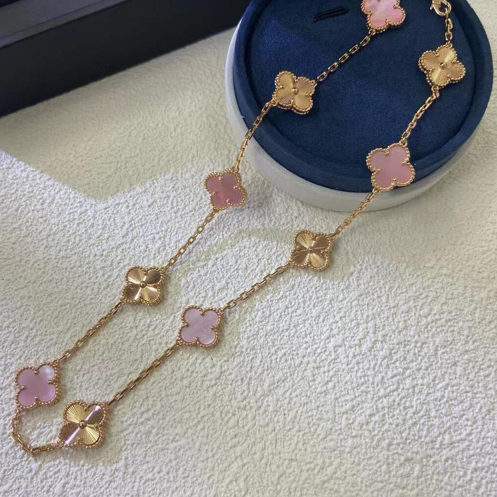 [Zalyn Jewelry ]CLOVER 10 MOTIFS  LASER PINK MOP NECKLACE
