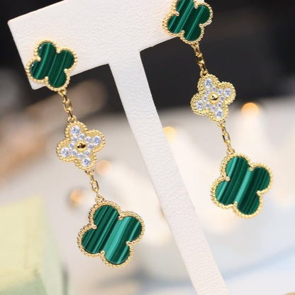 [Zalyn Jewelry ]CLOVER EARRINGS GOLD MALACHITE DIAMOND 3 MOTIF