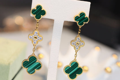 [Zalyn Jewelry ]CLOVER EARRINGS GOLD MALACHITE DIAMOND 3 MOTIF
