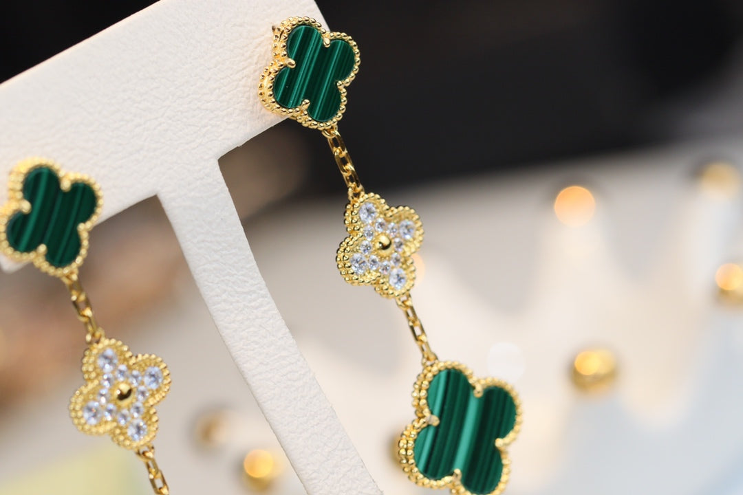 [Zalyn Jewelry ]CLOVER EARRINGS GOLD MALACHITE DIAMOND 3 MOTIF