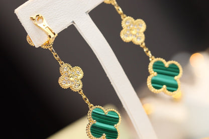 [Zalyn Jewelry ]CLOVER EARRINGS GOLD MALACHITE DIAMOND 3 MOTIF
