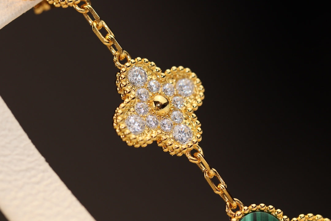 [Zalyn Jewelry ]CLOVER EARRINGS GOLD MALACHITE DIAMOND 3 MOTIF