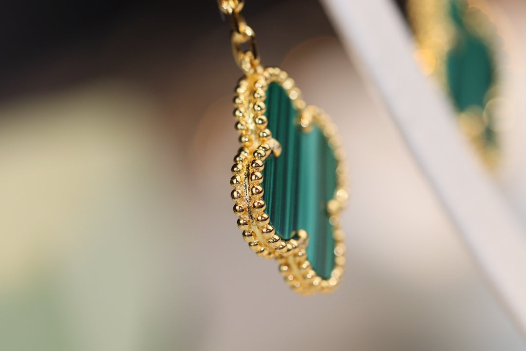 [Zalyn Jewelry ]CLOVER EARRINGS GOLD MALACHITE DIAMOND 3 MOTIF