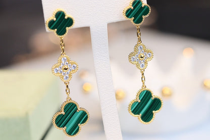 [Zalyn Jewelry ]CLOVER EARRINGS GOLD MALACHITE DIAMOND 3 MOTIF