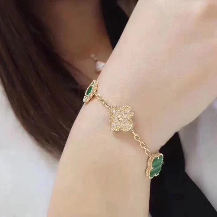 [Zalyn]LUCKY CLOVER 5-MOTIF BRACELET - MALACHITE COLLECTION