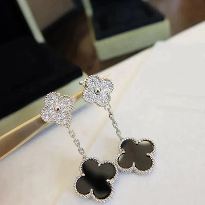 [Zalyn Jewelry ]CLOVER 2 MOTIFS  DIAMOND ONYX EARRINGS SILVER