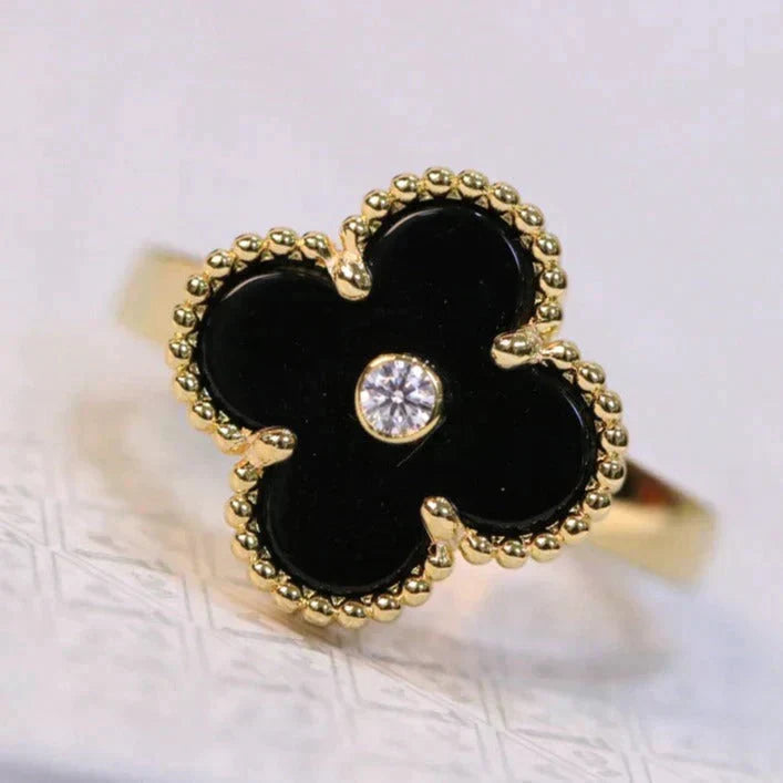 [Zalyn Jewelry ]CLOVER ONYX RING GOLD DIAMOND