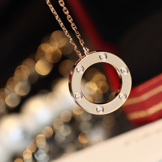 [Zalyn Jewelry ]LOVE NECKLACE 16MM 6 DIAMONDS PINK GOLD