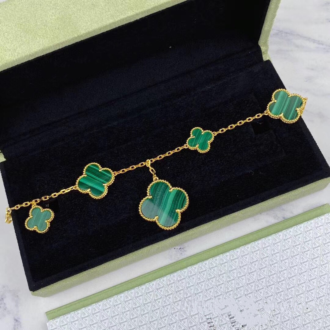 [Zalyn Jewelry ]MAGIC CLOVER MALACHITE GOLD BRACELET 5 MOTIFS
