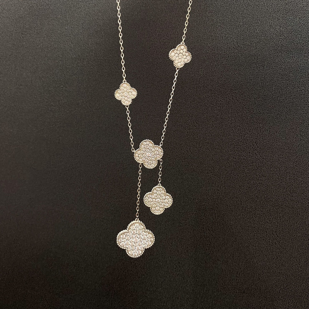 [Zalyn Jewelry ]CLOVER 5 MOTIFS SILVER DIAMONDS NECKLACE