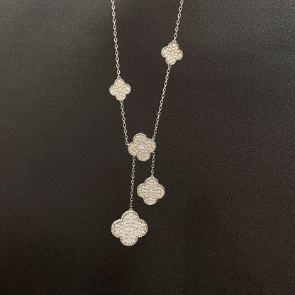 [Zalyn Jewelry ]CLOVER 5 MOTIFS SILVER DIAMONDS NECKLACE