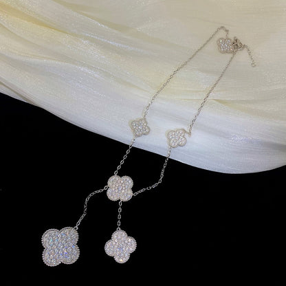[Zalyn Jewelry ]CLOVER 5 MOTIFS SILVER DIAMONDS NECKLACE