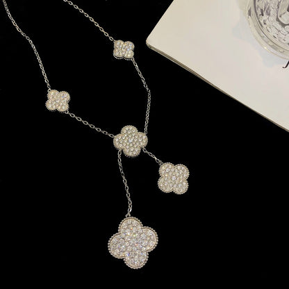 [Zalyn Jewelry ]CLOVER 5 MOTIFS SILVER DIAMONDS NECKLACE