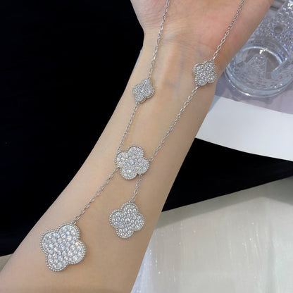 [Zalyn Jewelry ]CLOVER 5 MOTIFS SILVER DIAMONDS NECKLACE