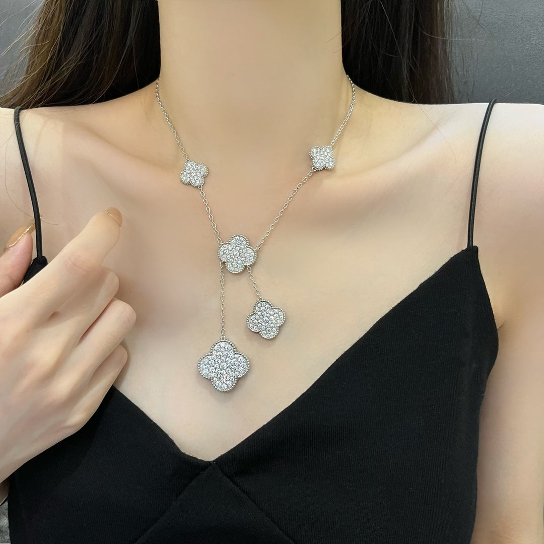 [Zalyn Jewelry ]CLOVER 5 MOTIFS SILVER DIAMONDS NECKLACE
