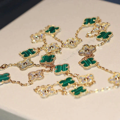 [Zalyn Jewelry ]CLOVER 20 MOTIFS MALACHITE DIAMOND NECKLACE