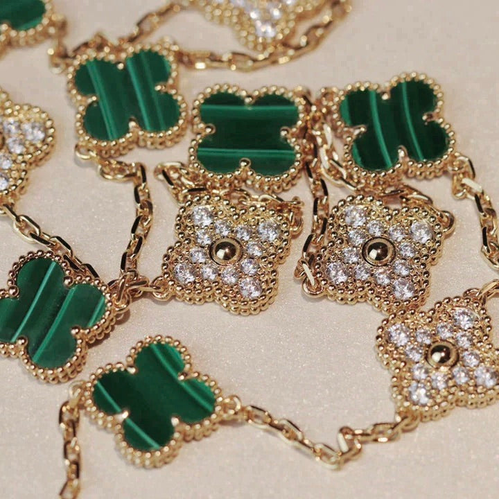[Zalyn Jewelry ]CLOVER 20 MOTIFS MALACHITE DIAMOND NECKLACE