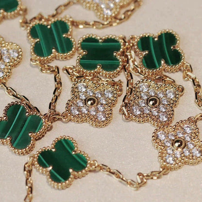 [Zalyn Jewelry ]CLOVER 20 MOTIFS MALACHITE DIAMOND NECKLACE