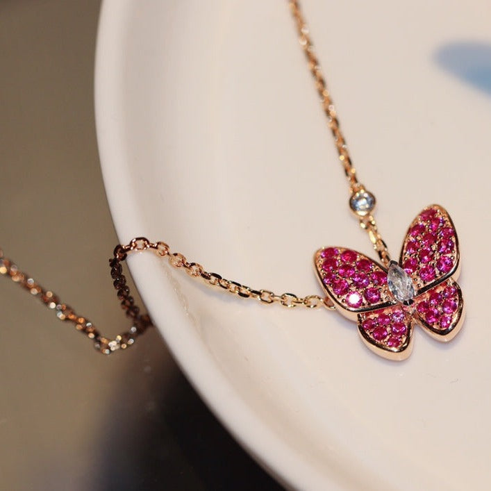 [Zalyn Jewelry ]BUTTERFLY RED DIAMOND ROSE GOLD NECKLACE
