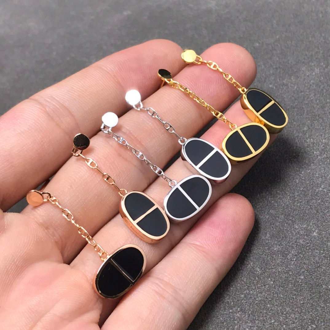 [Zalyn]CHAINE VERSO BLACK CERAMIC SILVER EARRINGS