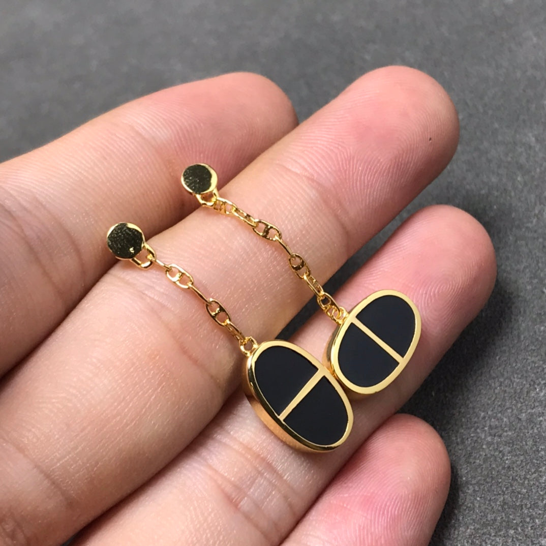 [Zalyn]CHAINE VERSO BLACK CERAMIC SILVER EARRINGS