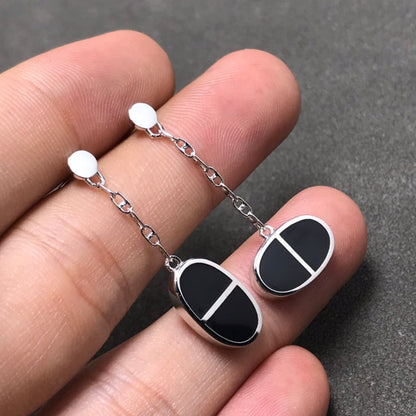 [Zalyn]CHAINE VERSO BLACK CERAMIC SILVER EARRINGS