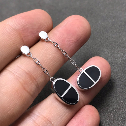 [Zalyn]CHAINE VERSO BLACK CERAMIC SILVER EARRINGS