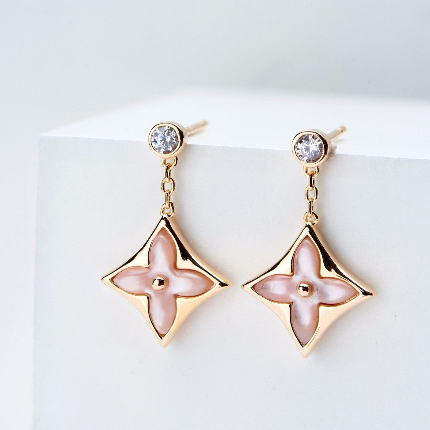 [Zalyn]DOUBLE STAR ROSE GOLD MOP DROP EARRINGS