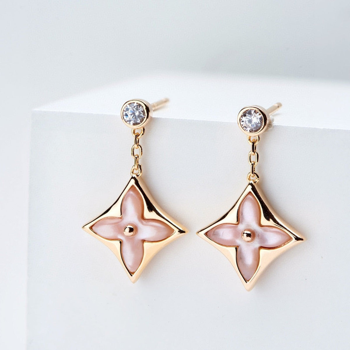 [Zalyn Jewelry ]DOUBLE STAR PINK GOLD MOP DROP EARRINGS
