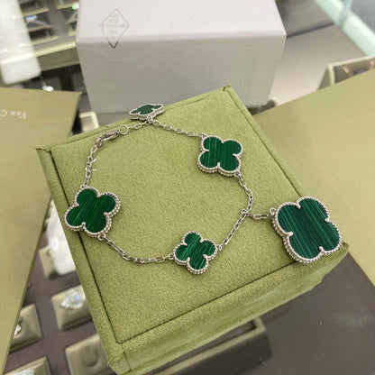 [Zalyn Jewelry ]CLOVER 5 MOTIFS SIVLER MALACHITE BRACELET