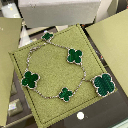 [Zalyn Jewelry ]CLOVER 5 MOTIFS SIVLER MALACHITE BRACELET