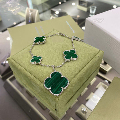 [Zalyn Jewelry ]CLOVER 5 MOTIFS SIVLER MALACHITE BRACELET