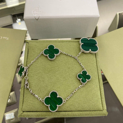 [Zalyn Jewelry ]CLOVER 5 MOTIFS SIVLER MALACHITE BRACELET