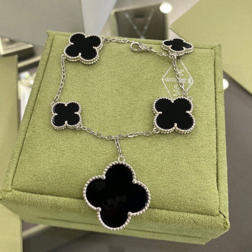 [Zalyn Jewelry ]CLOVER 5 MOTIFS SIVLER ONYX BRACELET