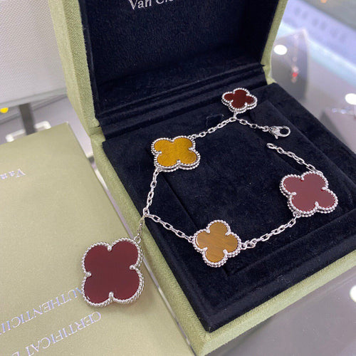 [Zalyn Jewelry ]CLOVER 5 MOTIFS SIVLER CARNELIAN TIGER EYE BRACELET