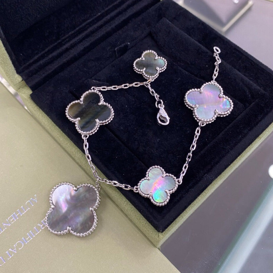 [Zalyn Jewelry ]CLOVER 5 MOTIFS SIVLER DARK MOP BRACELET